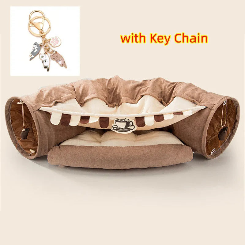 Collapsible cloth cat tunnel toy in choice of colours, shown folded and unfolded