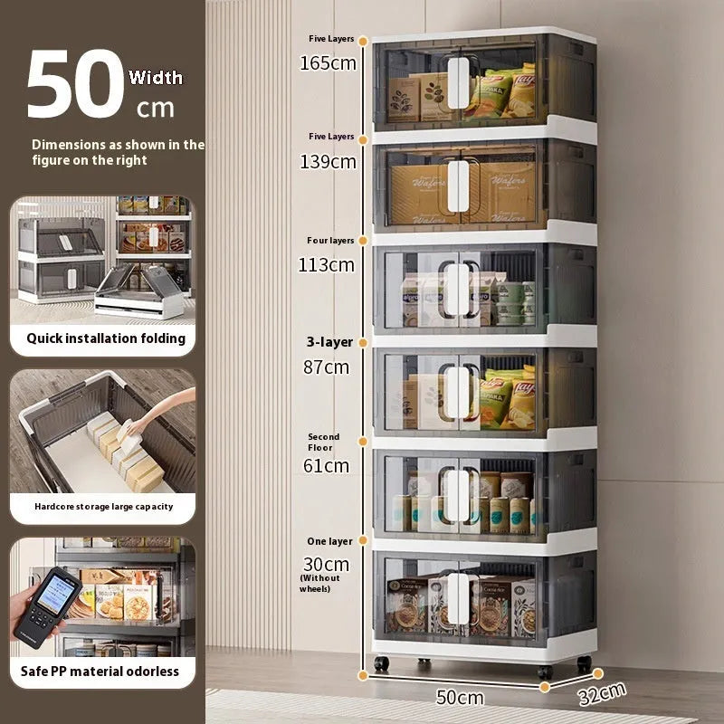 Foldable polypropylene storage locker with wheels in white or grey, showing single door design