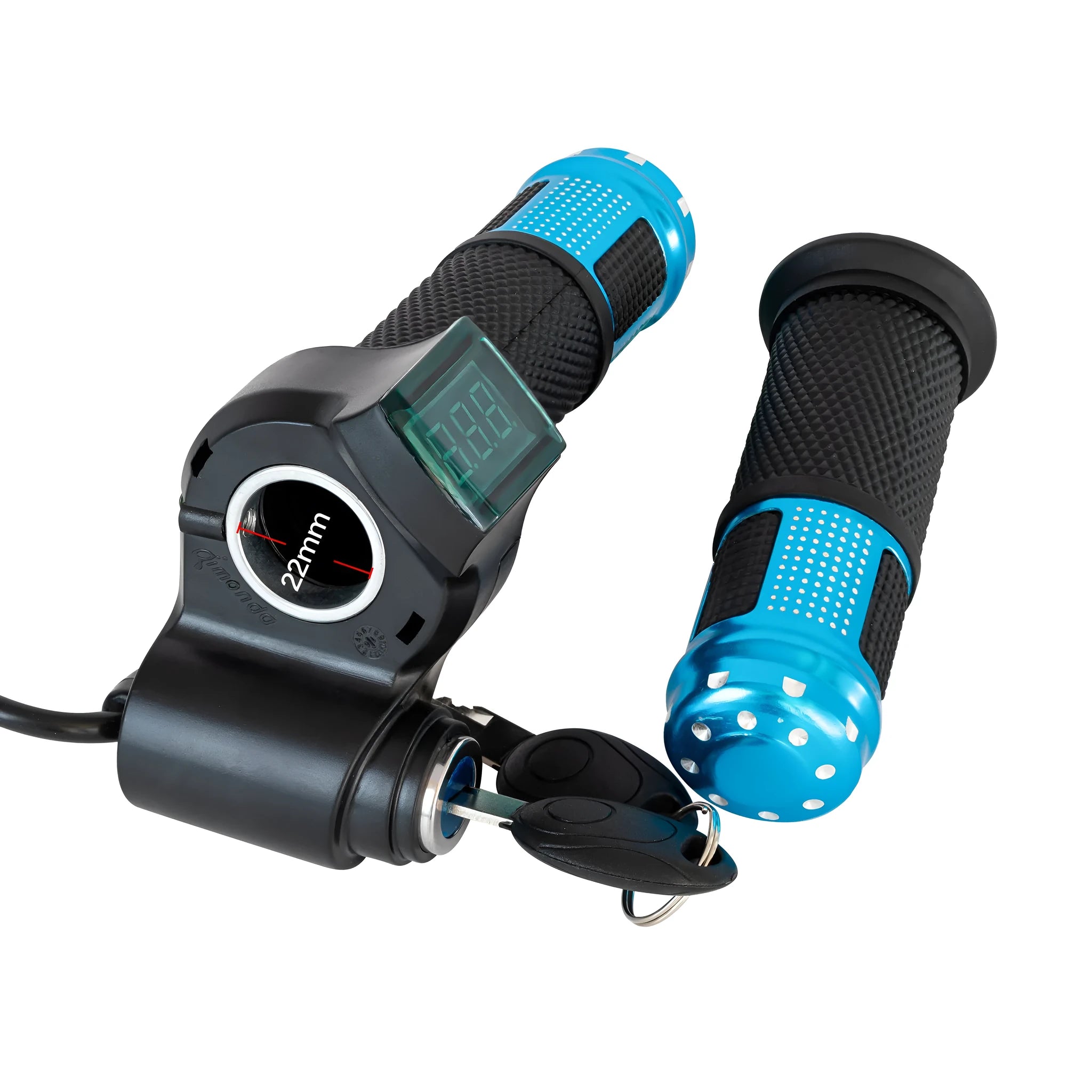 Electric vehicle handlebar section in multiple colours showing 5-core wiring and IPX4 waterproof rating