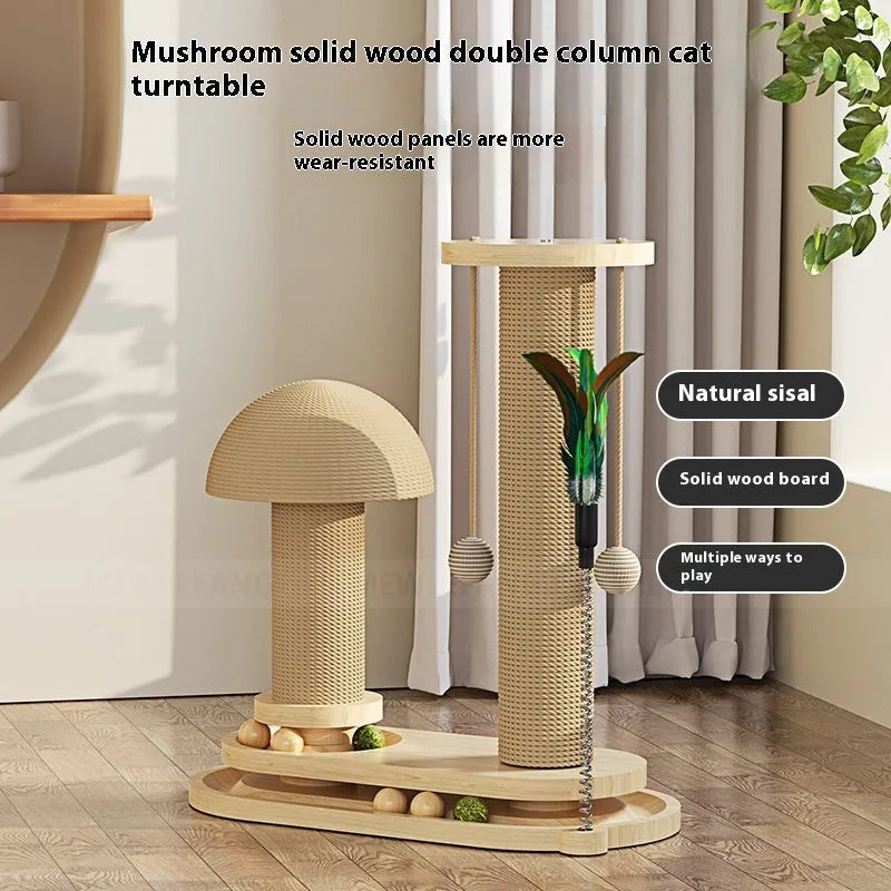 Solid wood cat turntable scratching post with climbing frame in natural timber construction