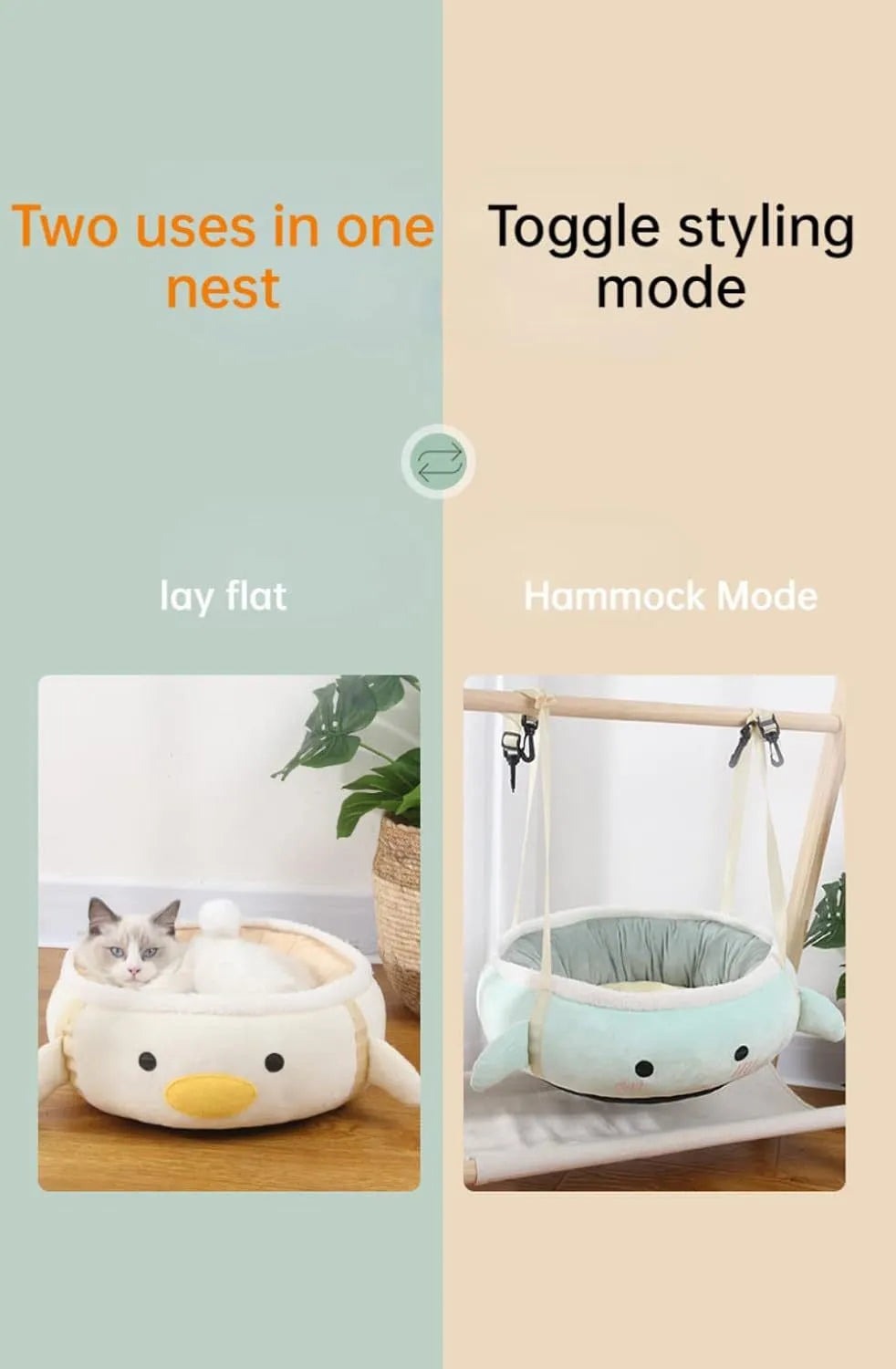 Green dinosaur and chick shaped cat bed shown both flat and hanging as a hammock