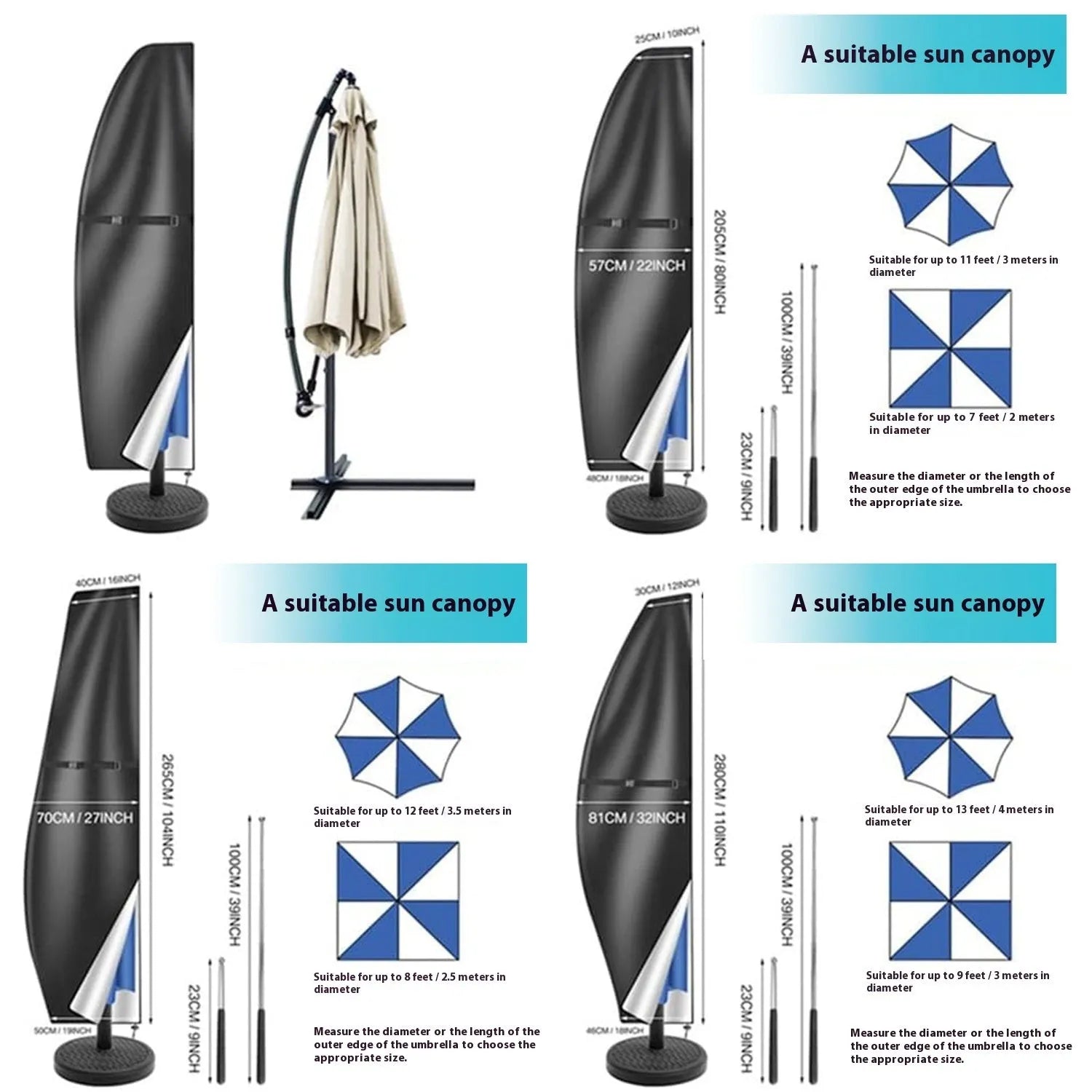 Waterproof banana umbrella cover for offset outdoor umbrellas in grey oxford cloth with drawstring closure