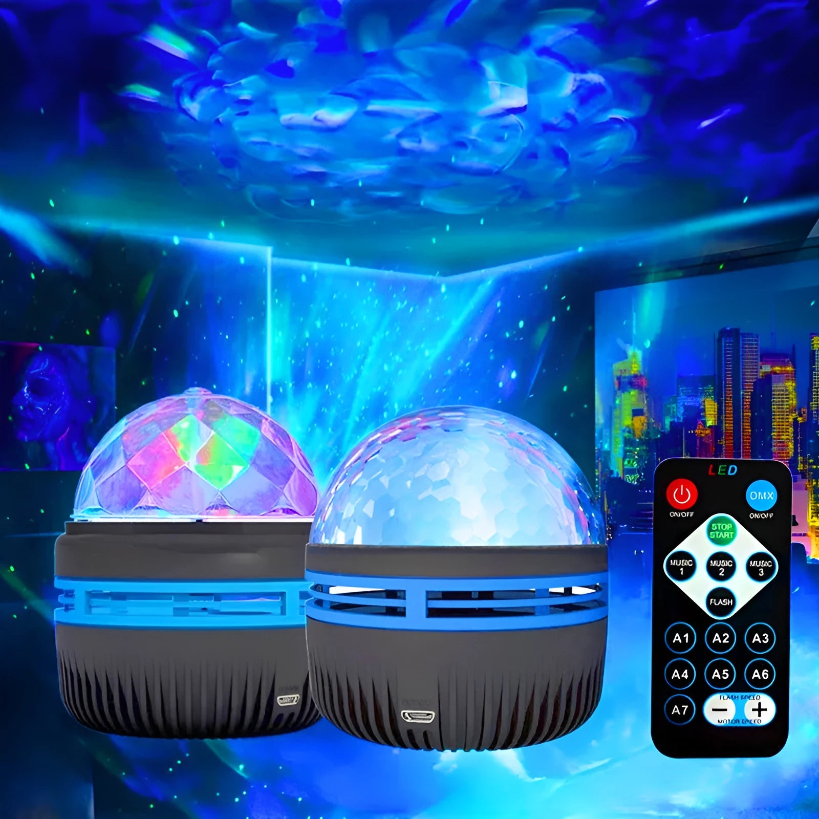 Compact USB-powered LED lamp projecting rotating colourful stars and galaxies onto a dark wall.