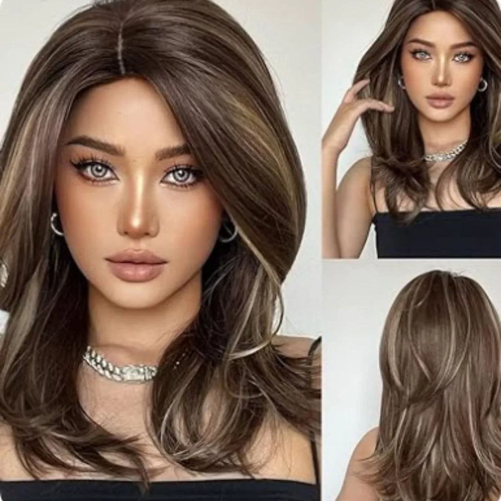 Mid-length platinum gradient curly wig with long bangs in white gold colour