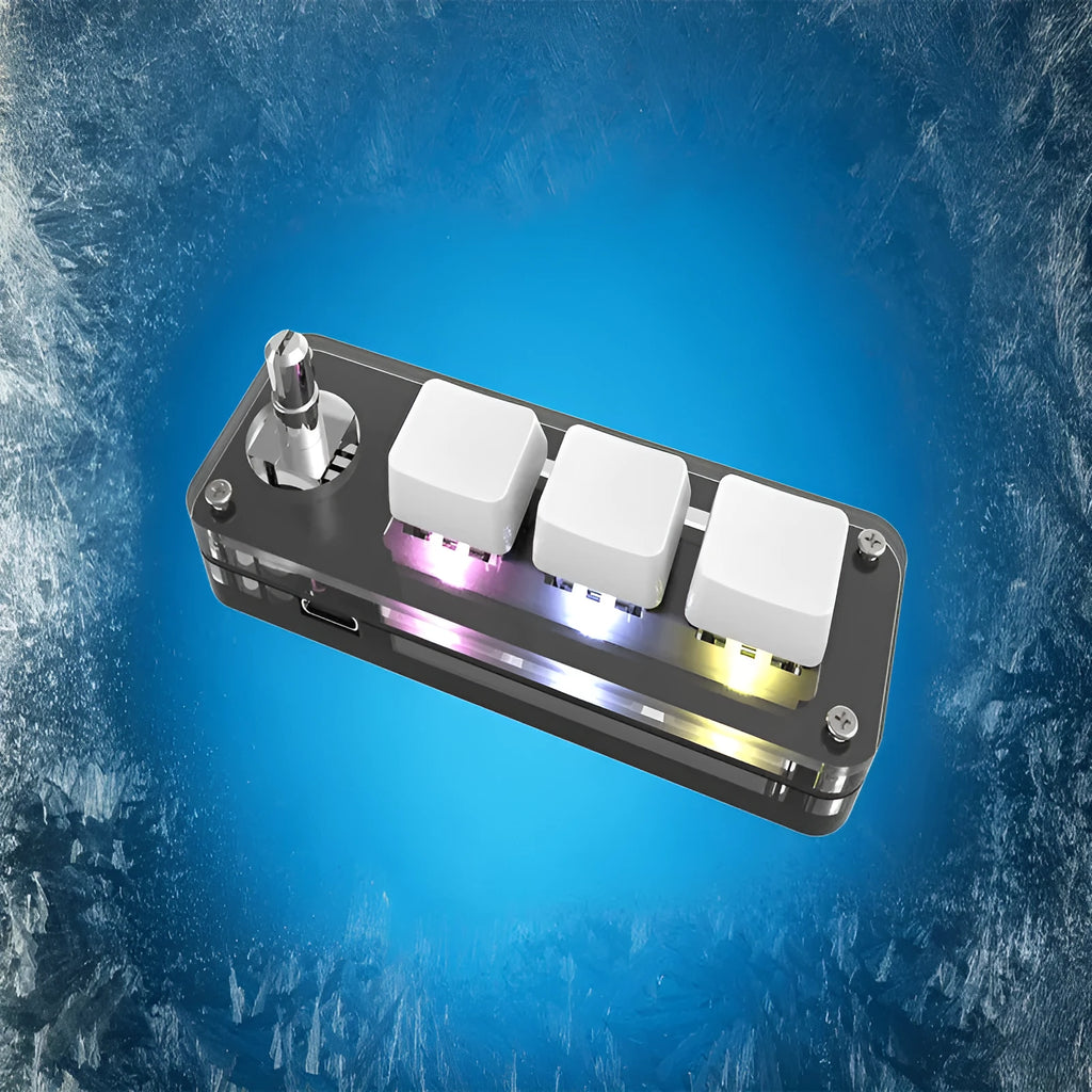 Black and white programmable macro keyboard with RGB backlighting showing copy paste shortcut keys