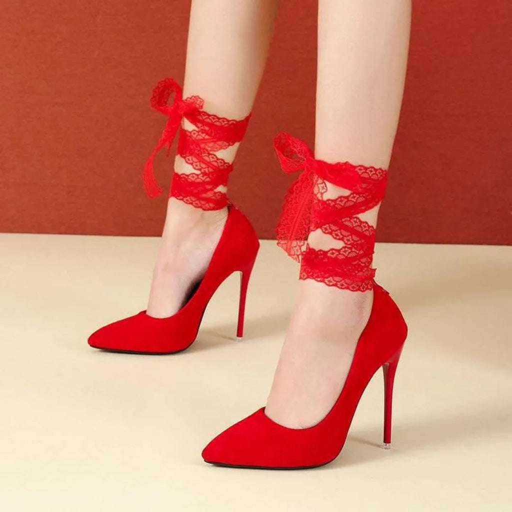 Women's black pointed toe platform heels with a thin fabric strap and a 12cm heel.