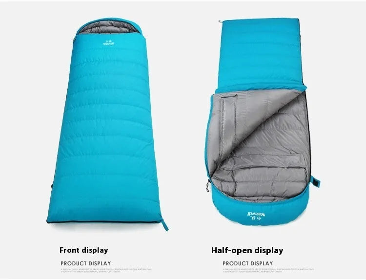 Black outdoor sleeping bag with envelope structure, showing goose down fill and durable nylon fabric.