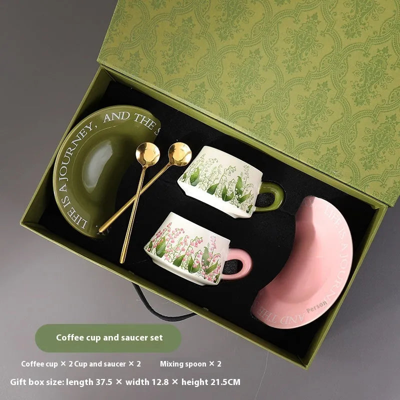 Ceramic coffee cup set with matching saucers and spoons in two design options