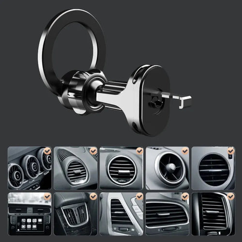 Black magnetic car phone holder with O-ring bracket for air vent mounting