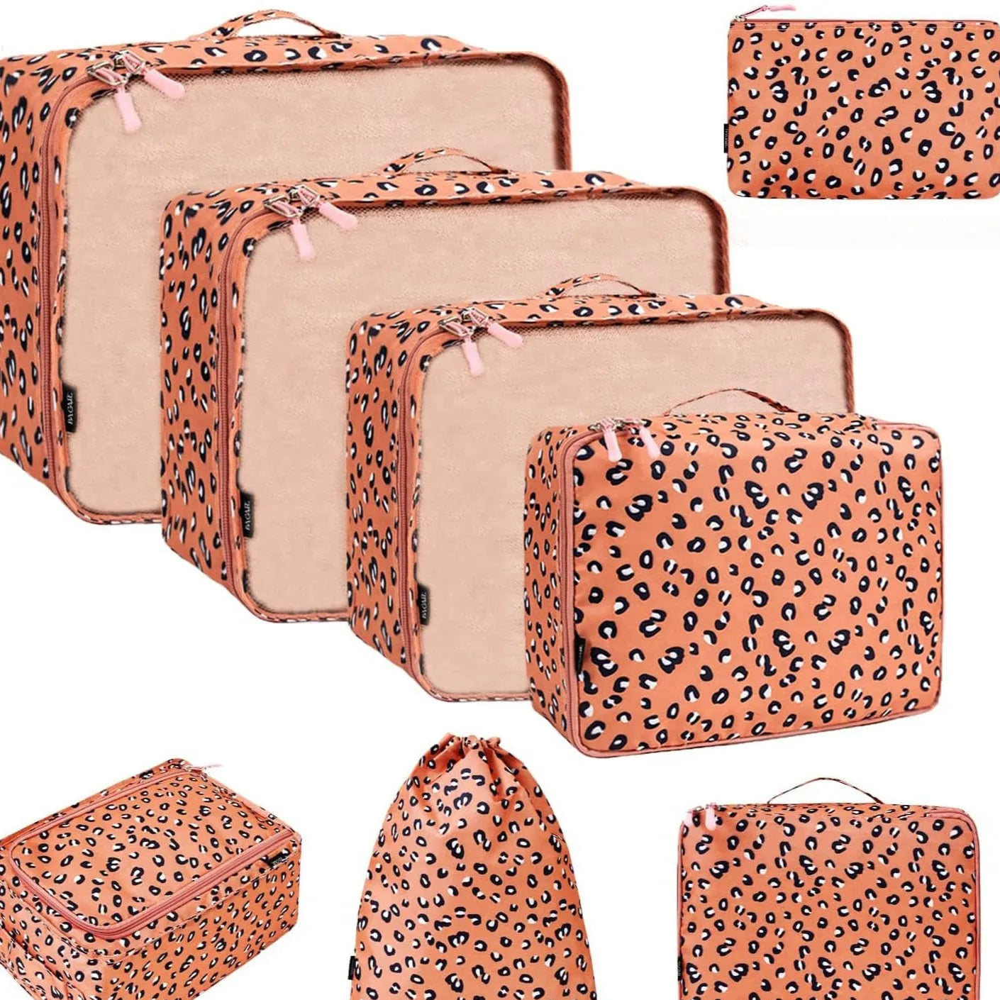 Set of eight PP packing cubes in various colours including beige, black, pink, and leopard print for travel organisation.