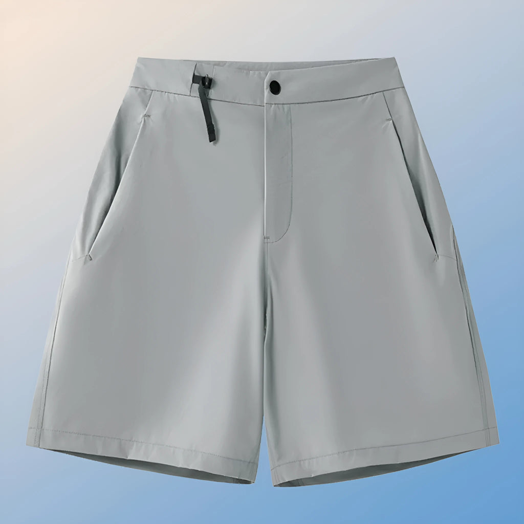 Men's khaki quick-drying sports shorts with 3D elastic cutting on a grey background.