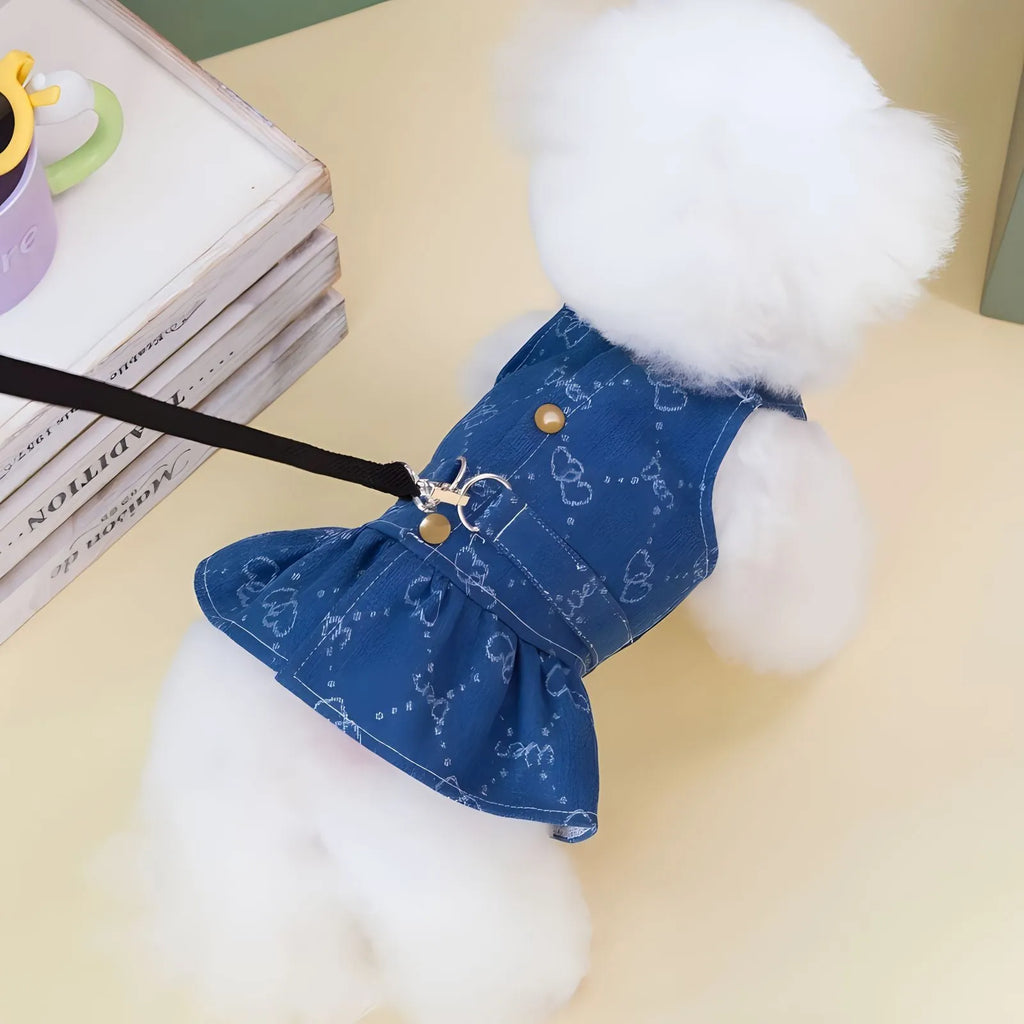 Teddy Bichon small dog wearing denim princess dress with bracket design for spring and autumn seasons