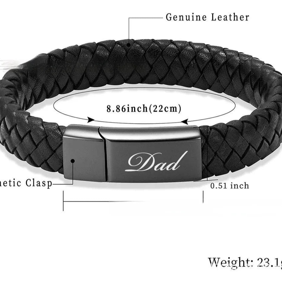Black leather and stainless steel casket memorial bracelet with engraving