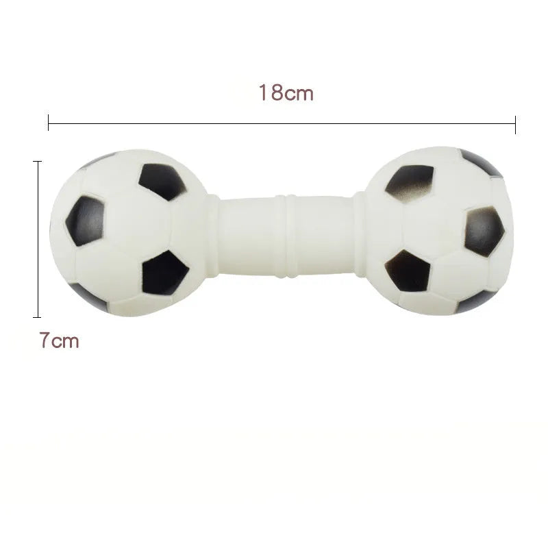 PVC football dumbbell shaped dog toy with squeaker in brown, orange, white and yellow colours