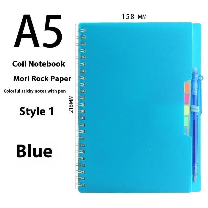 Erasable spiral notebook with stone paper in choice of cover colours, featuring optional pockets or sticky notes