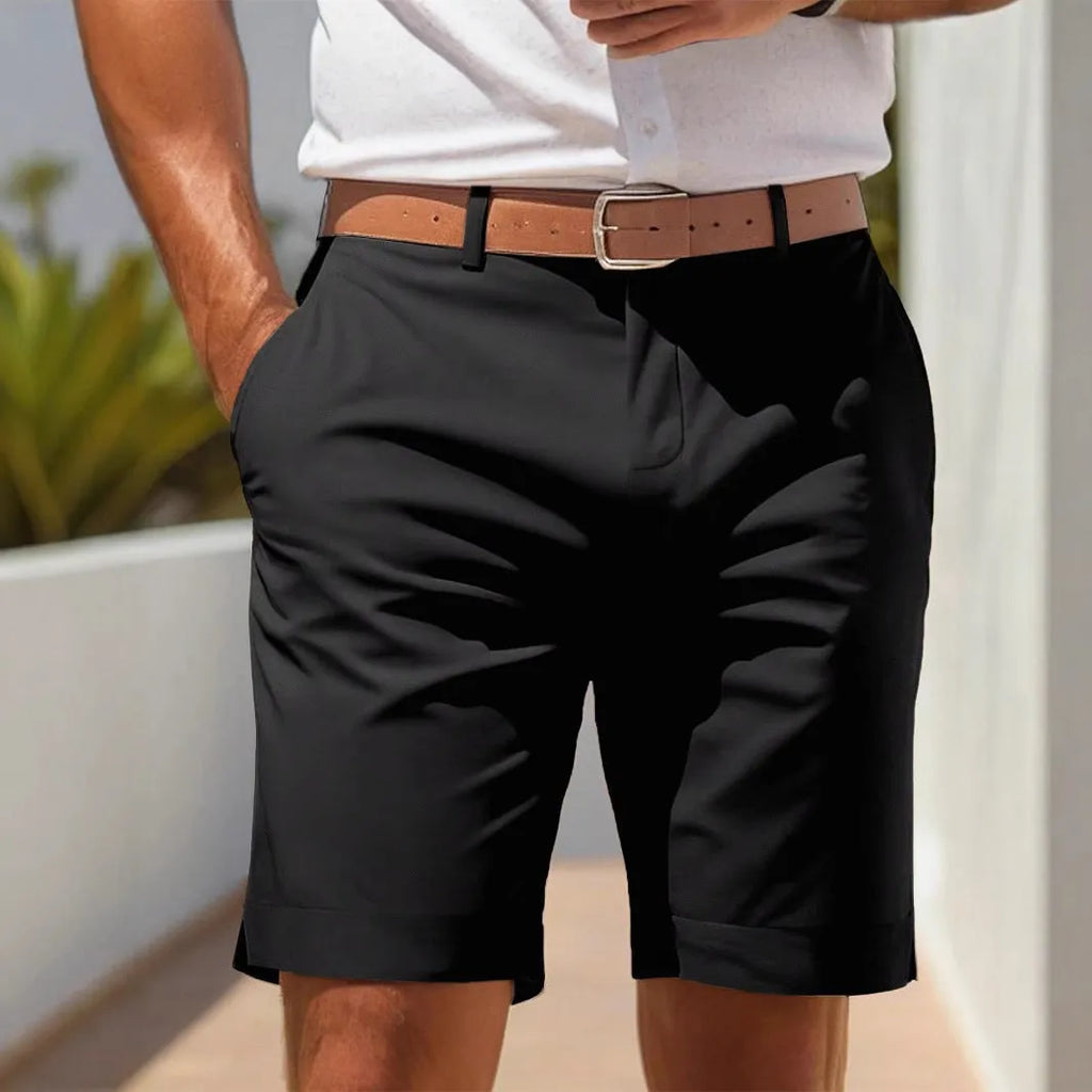 Men's straight-leg polyester summer shorts in light grey colour showing smart-casual design