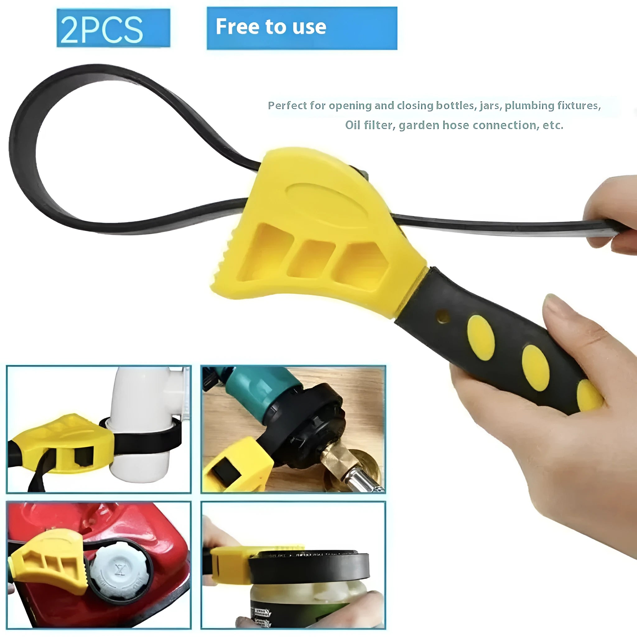 A 6-inch and an 8-inch adjustable rubber strap wrench set with plastic handles and a phosphated metal finish.