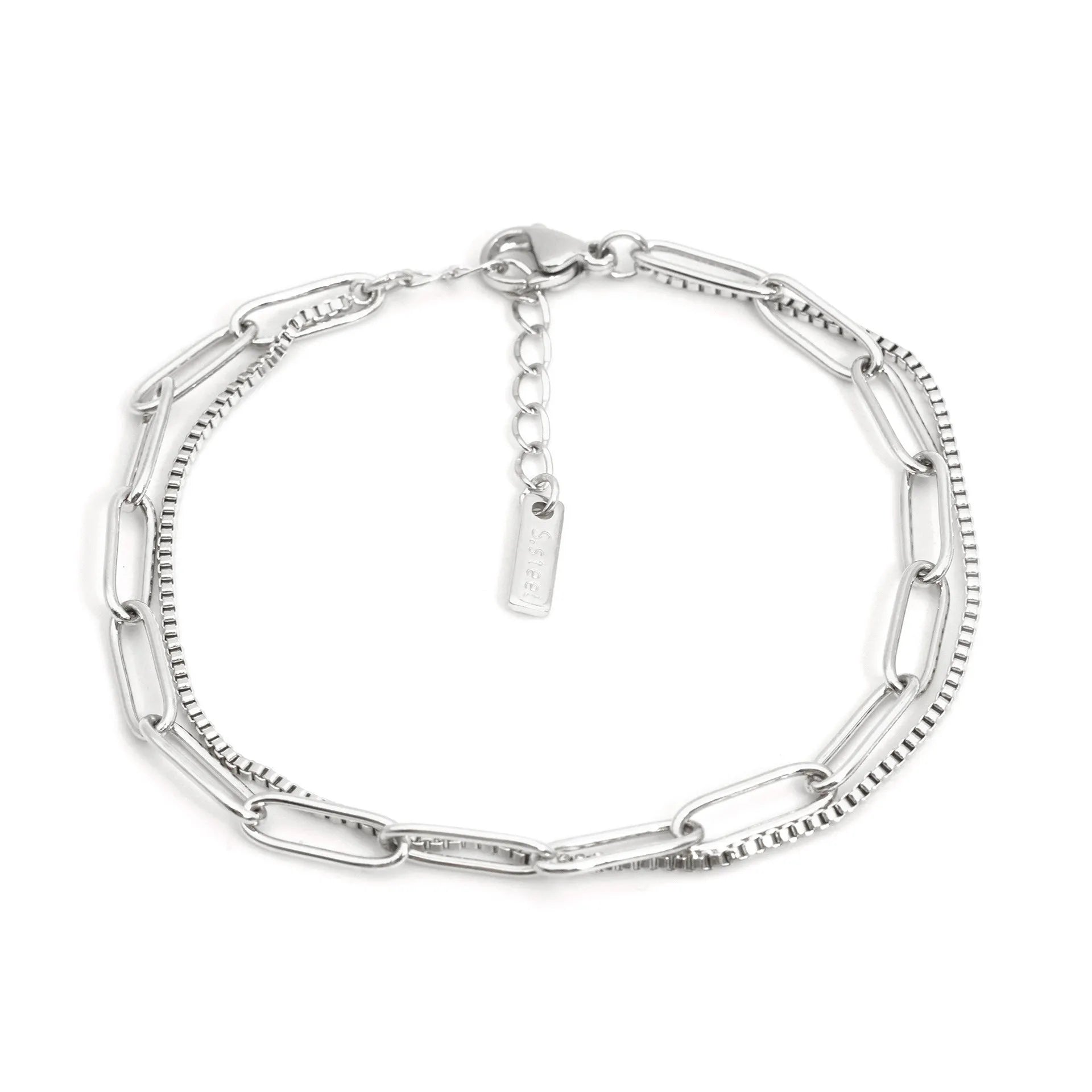 Gold titanium steel electroplated women's bracelet with geometric double layer chain design.