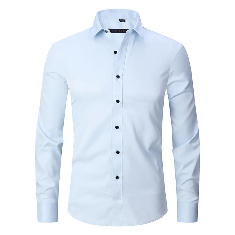Men's stretch long sleeve work shirt in polyester available in multiple colours on a size chart