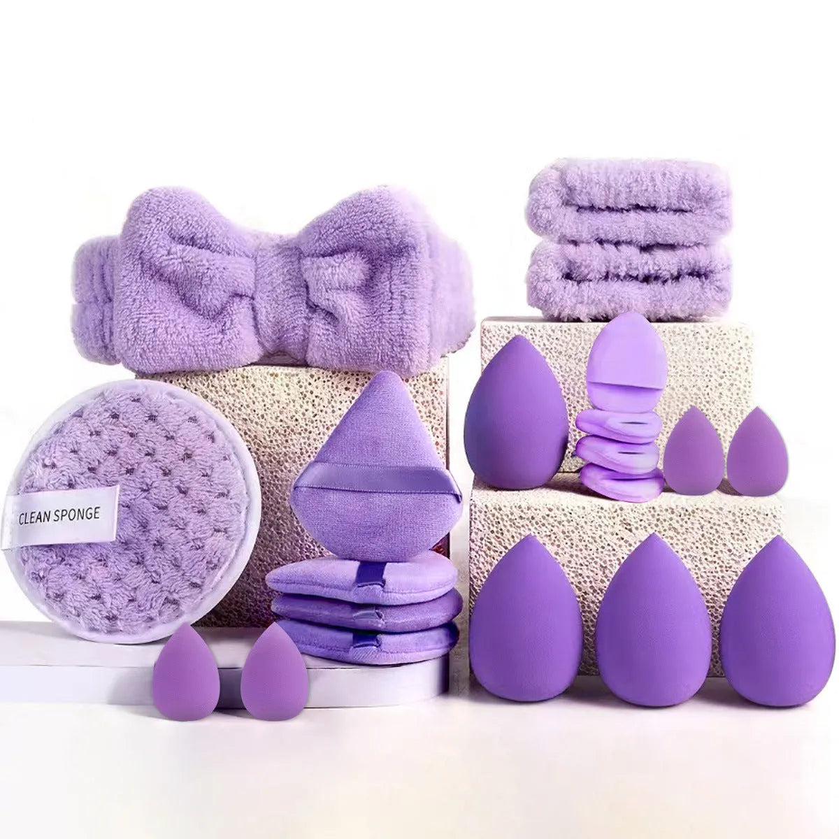 Beauty tools combination set with hydrophilic non-latex face wash and makeup tools in brown, pink, and purple colours
