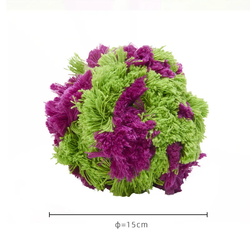 Purple plush seaweed ball design dog chew toy, 15cm in diameter, on a white background.