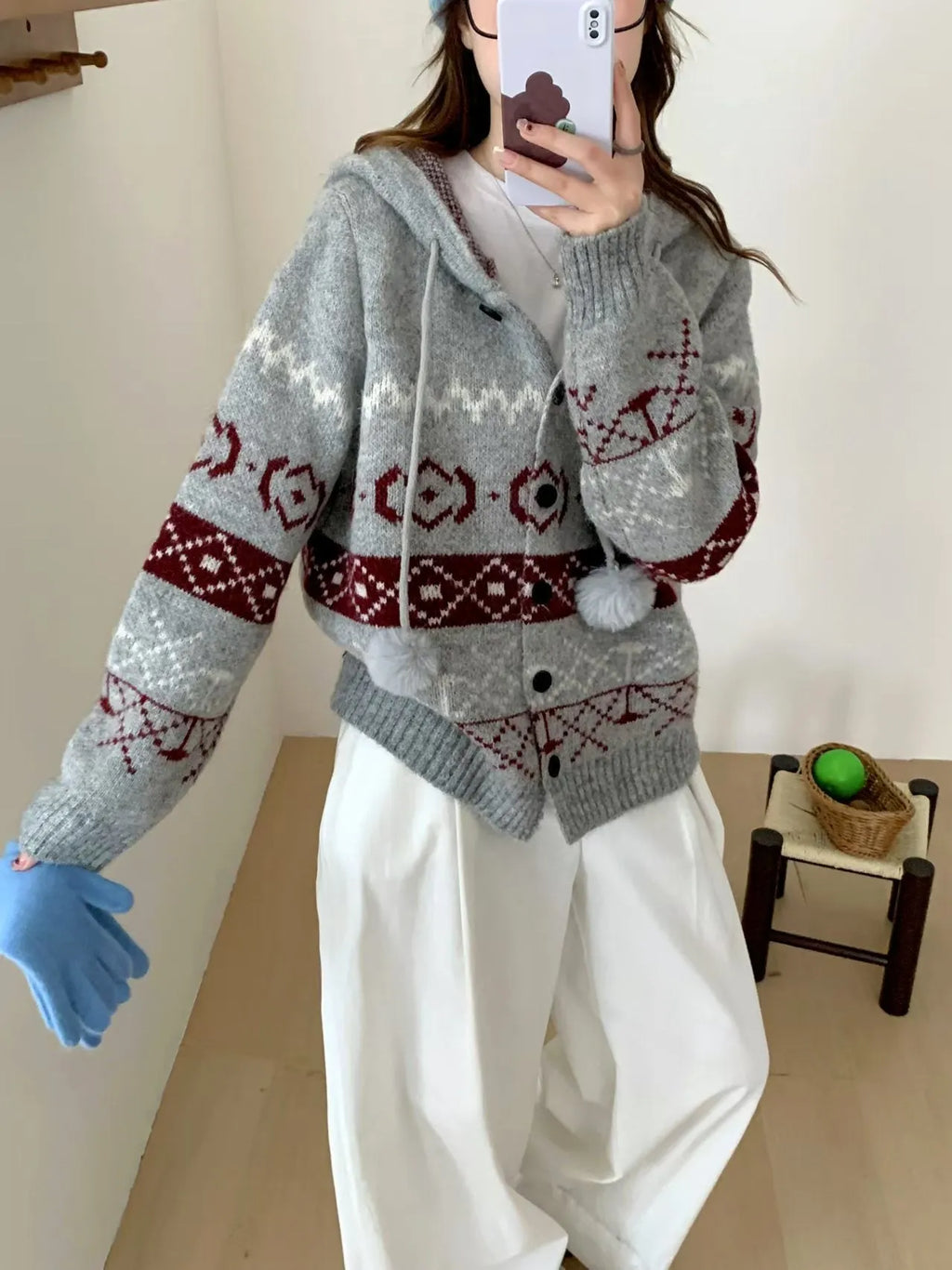 Geometric pattern brocade sweater coat in milky white colour with loose fit free size design