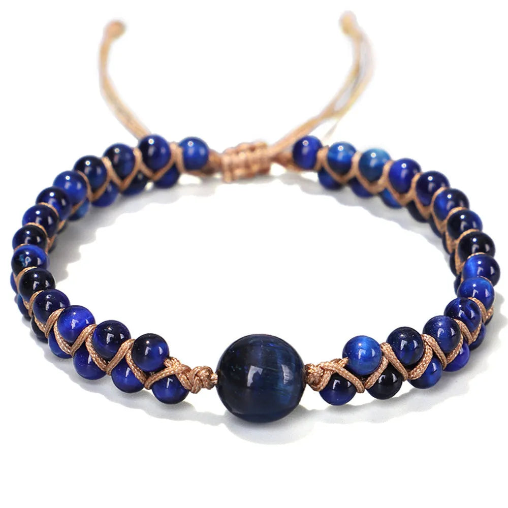 Handmade woven geometric pull bracelet in blue tigereye stone with adjustable closure.