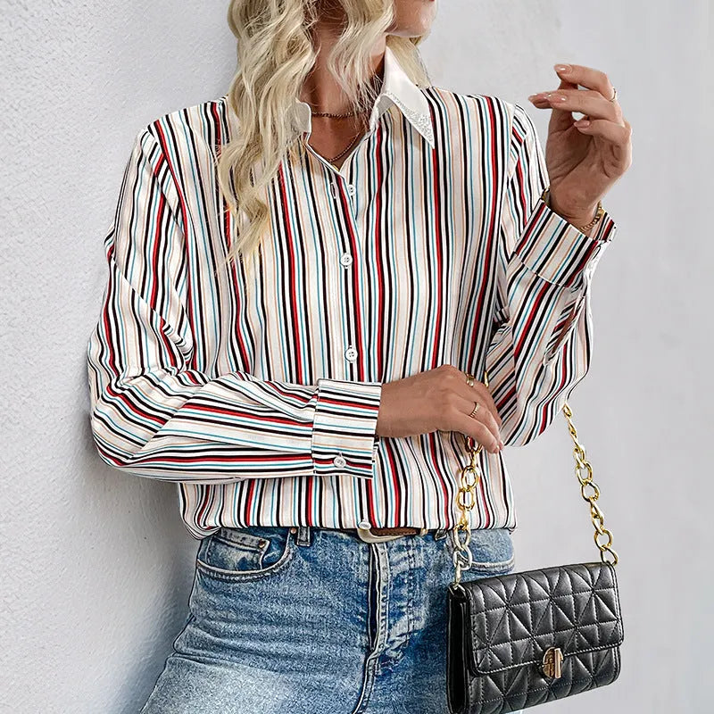 Women's lapel vertical striped long sleeve shirt in wine red, loose fit with full elastic fabric