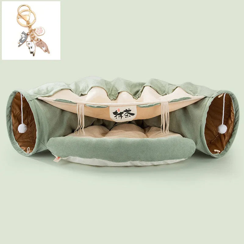 Collapsible cloth cat tunnel toy in choice of colours, shown folded and unfolded