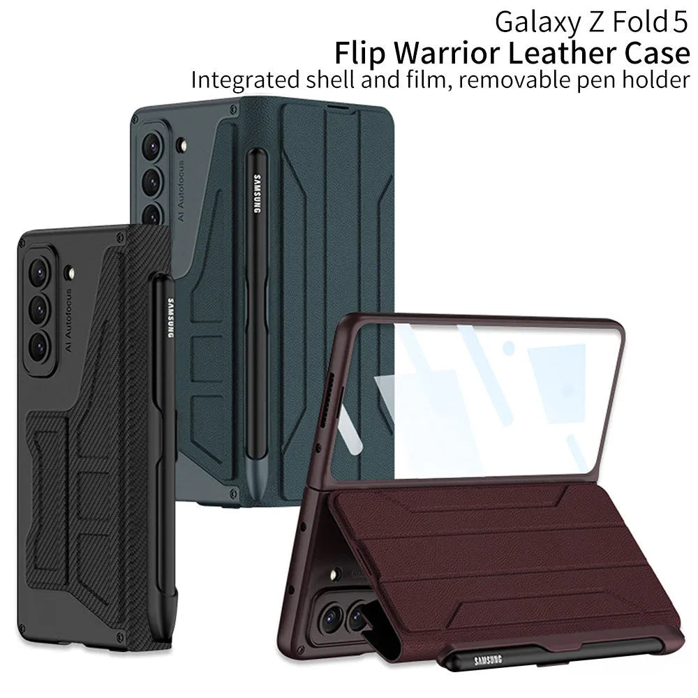 Samsung Galaxy Z Fold5 flip leather cover with pen slot, carbon fiber pattern, PC back anti-fall case on white background