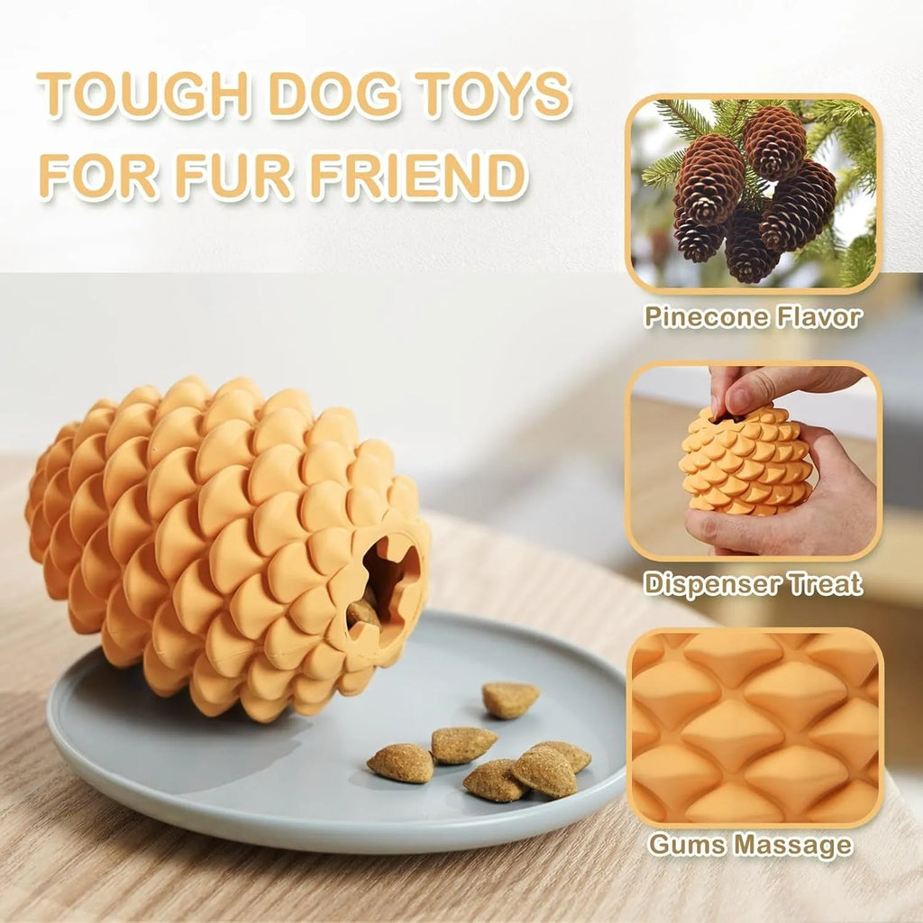 Yellow pine cone shaped natural rubber dog chew toy with treat dispenser for medium large dogs