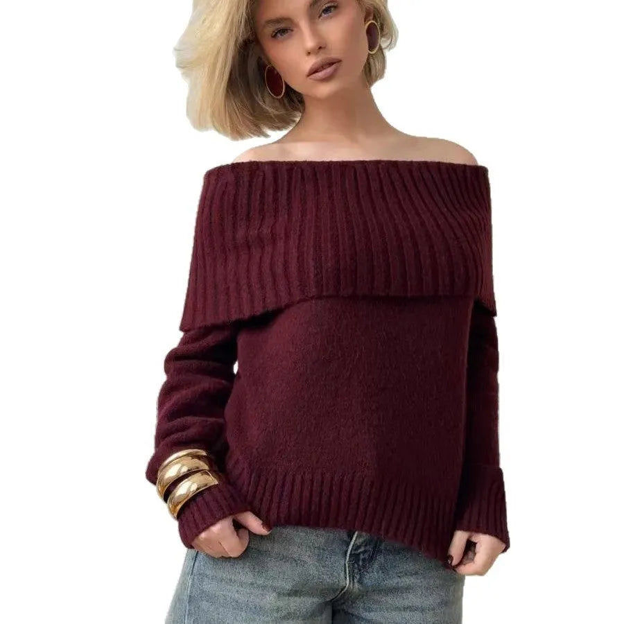 Grey off-the-shoulder sweater with a 3D pattern texture, showing strapless neckline design.