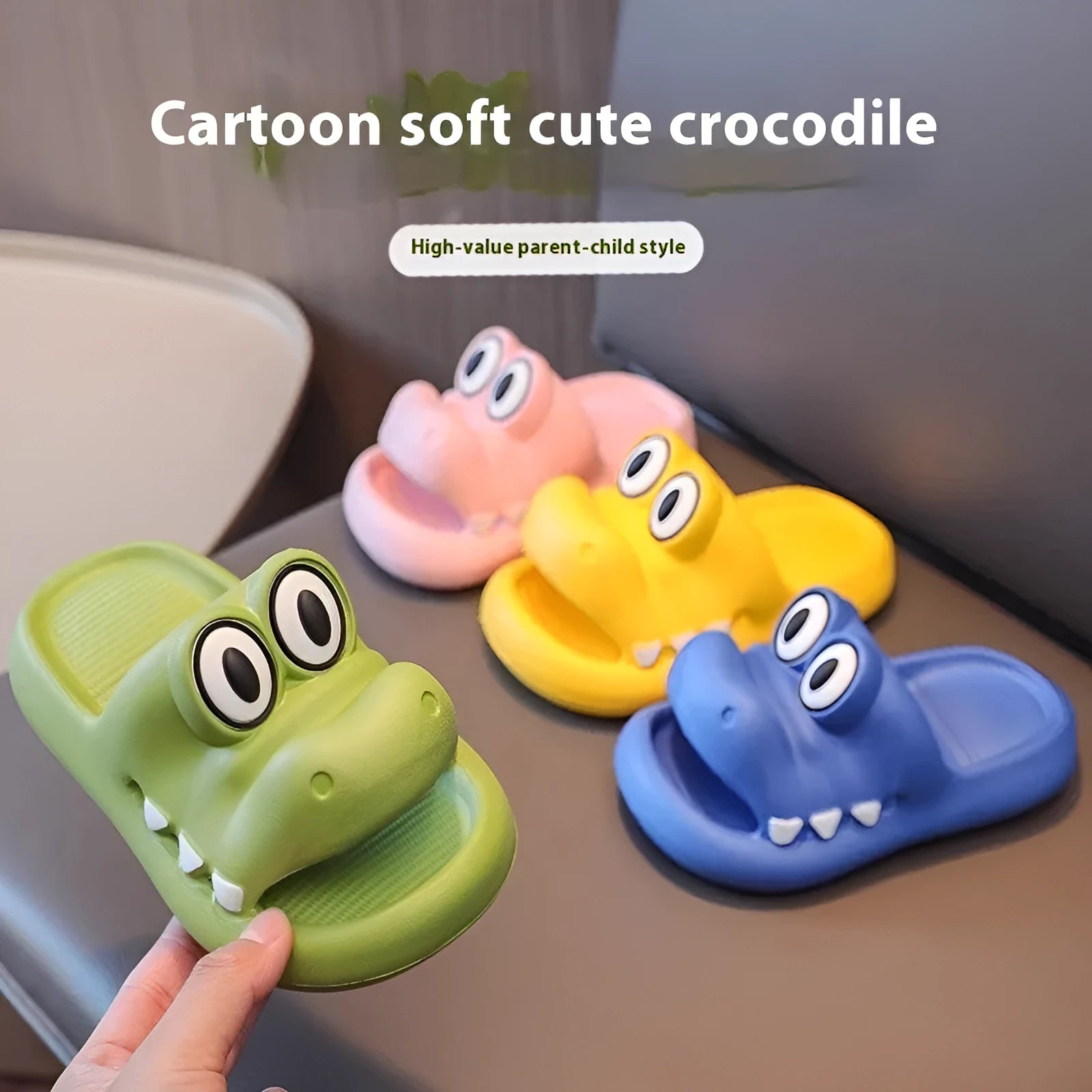EVA platform sandals with animal pattern for parent and child, in pink, green, yellow, or blue.