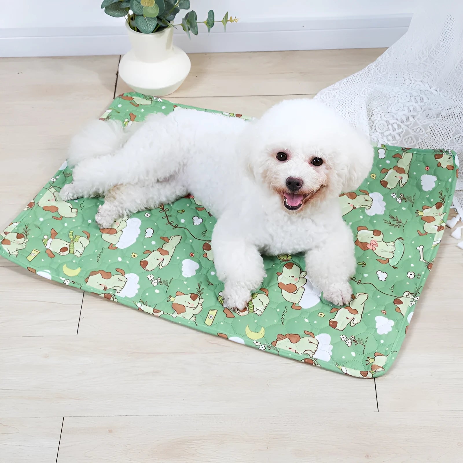 Reusable waterproof pet training pad showing colour pattern options and non-slip backing