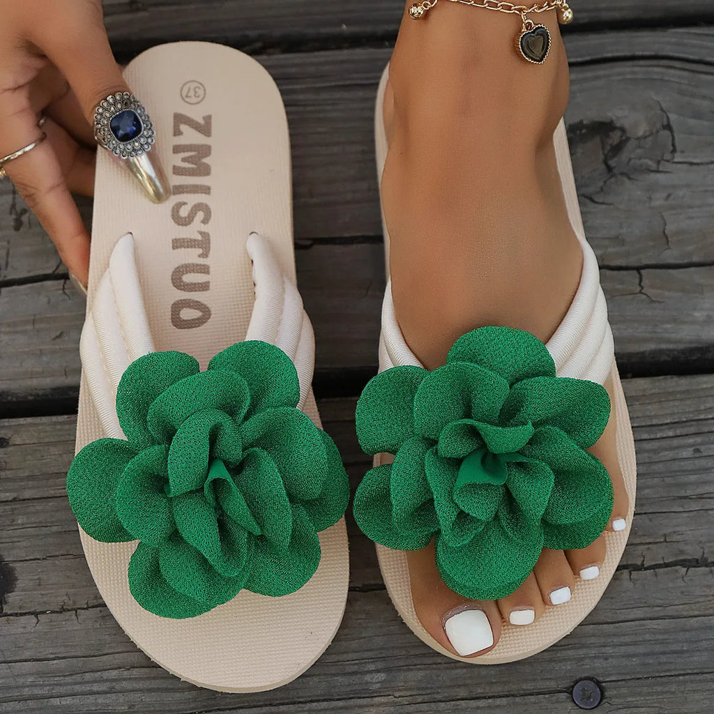 Plus size women's flower design slippers flip flops in green, rose red, and creamy white colours