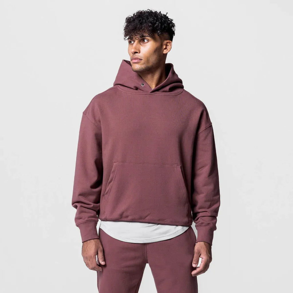 Men's cotton hoodie and jogger tracksuit set in black with pullover top and trousers for sports