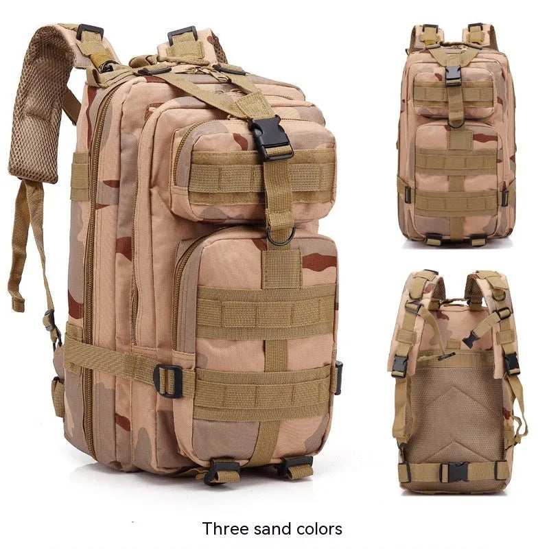 Large khaki coloured off-road hiking backpack with adjustable straps and multiple compartments.