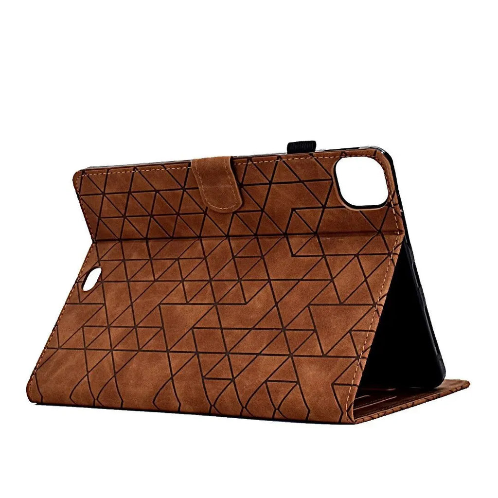 Leather iPad case with card holder slot showing diamond embossed pattern in black colour
