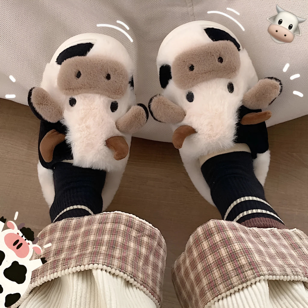 White cartoon cow plush slippers with anti-slip PVC soles for women