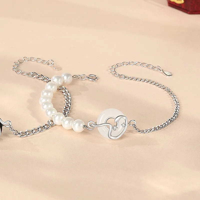 925 sterling silver New Chinese style couple bracelet with zodiac snake design and safe buckle closure