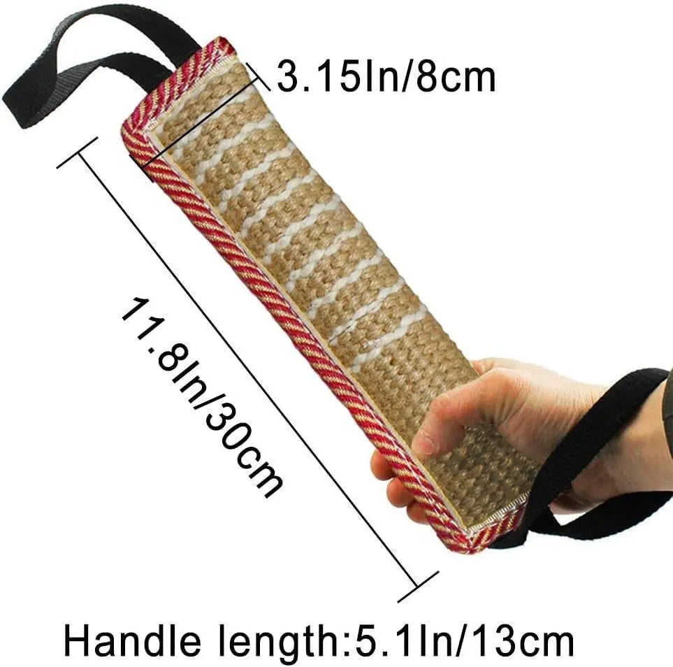 Jute dog tug toy with two handles, 30cm long, in beige colour for interactive play