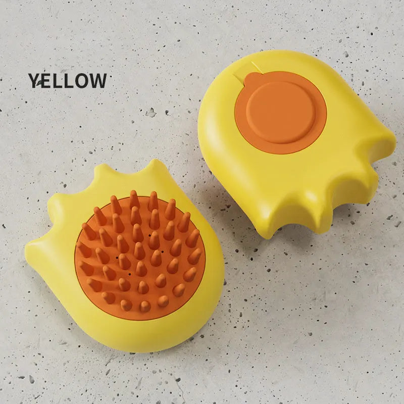 Blue pet bath brush with shampoo reservoir measuring 9cm long with four massage nodes