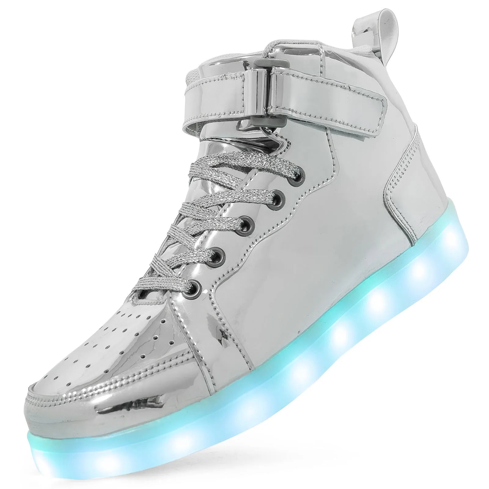 High-top trainer with LED lights on the side, Velcro strap closure, shown in gold colour.