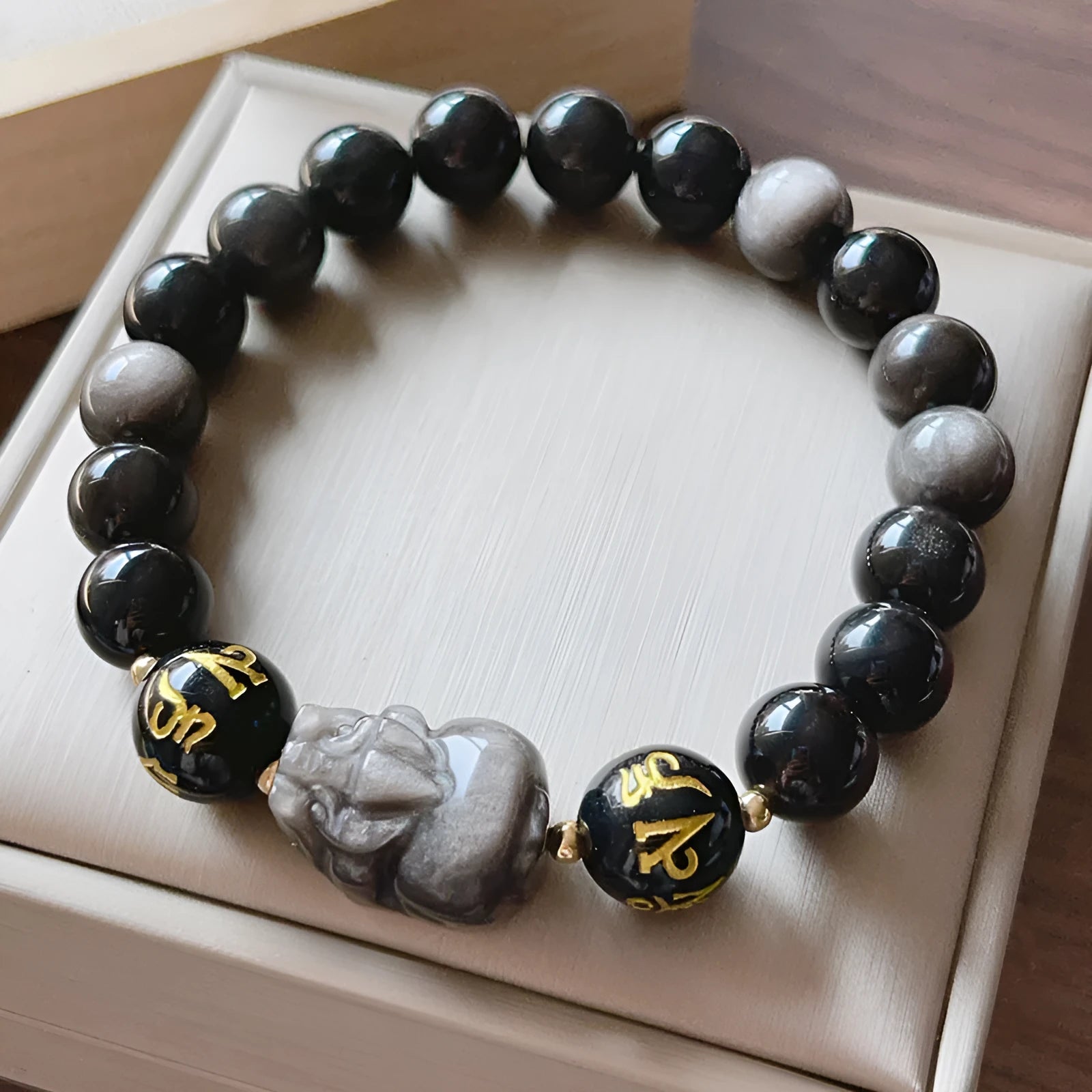 Men's silver stone bracelet with engraved Chinese zodiac symbols and proverbs on beads with adjustable closure