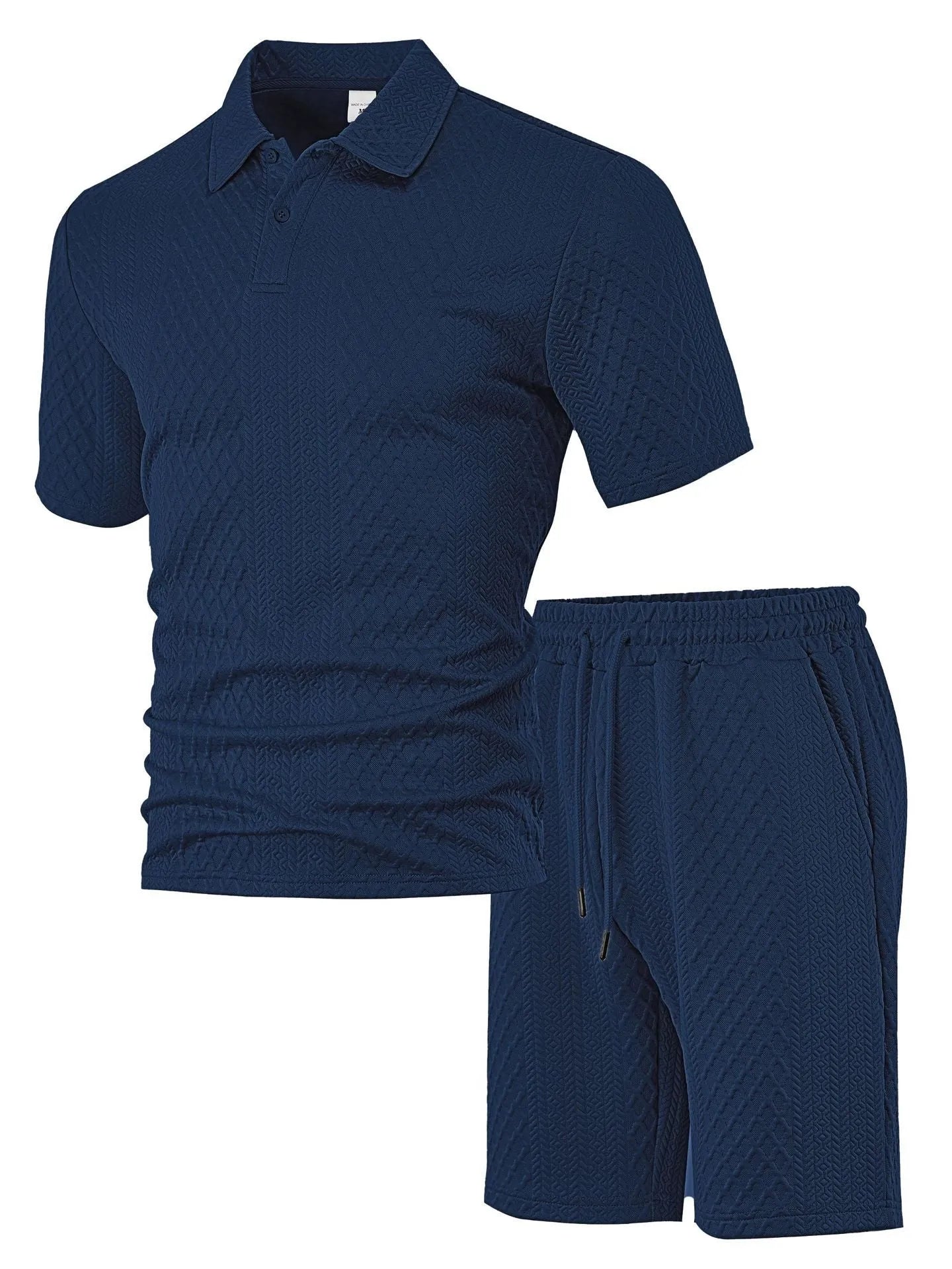 Men's figured cloth casual suit set with short sleeve polo shirt and matching trousers in multiple colour options