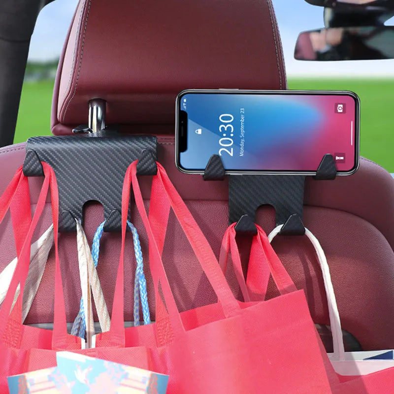 Black car multifunction hook and mobile phone holder bracket for rear seat installation