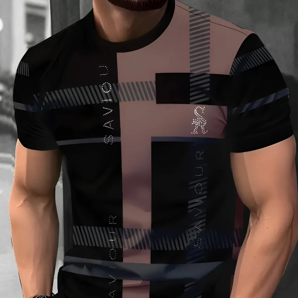 Men's loose fit casual T-shirt with digital 3D printed stripe pattern, short sleeves, polyester fabric