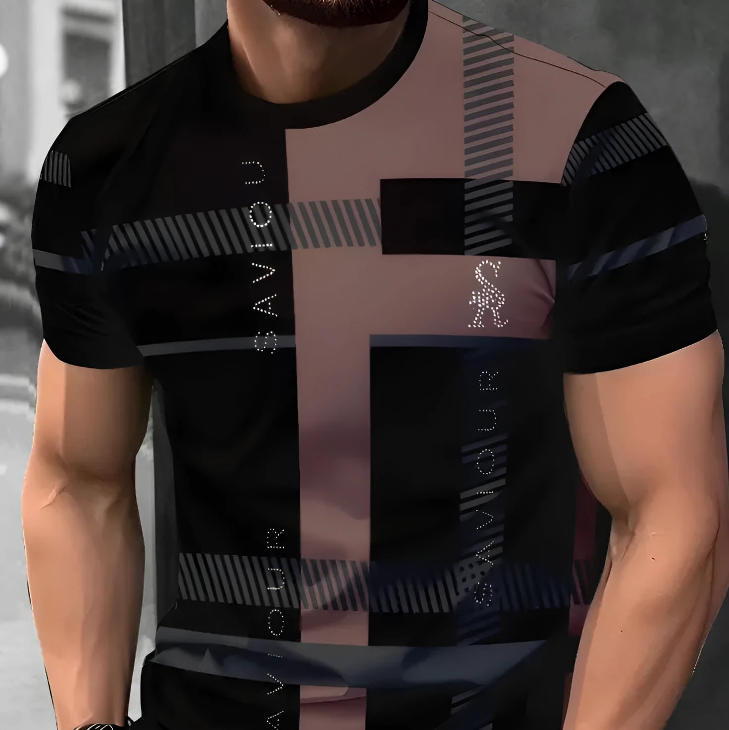 Men's loose fit casual T-shirt with digital 3D printed stripe pattern, short sleeves, polyester fabric