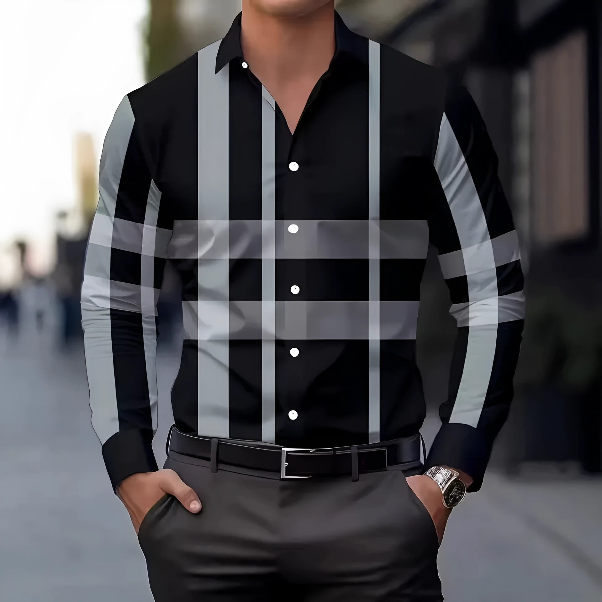 Man wearing a striped long sleeve shirt with a button lapel collar, available in multiple colours and sizes.