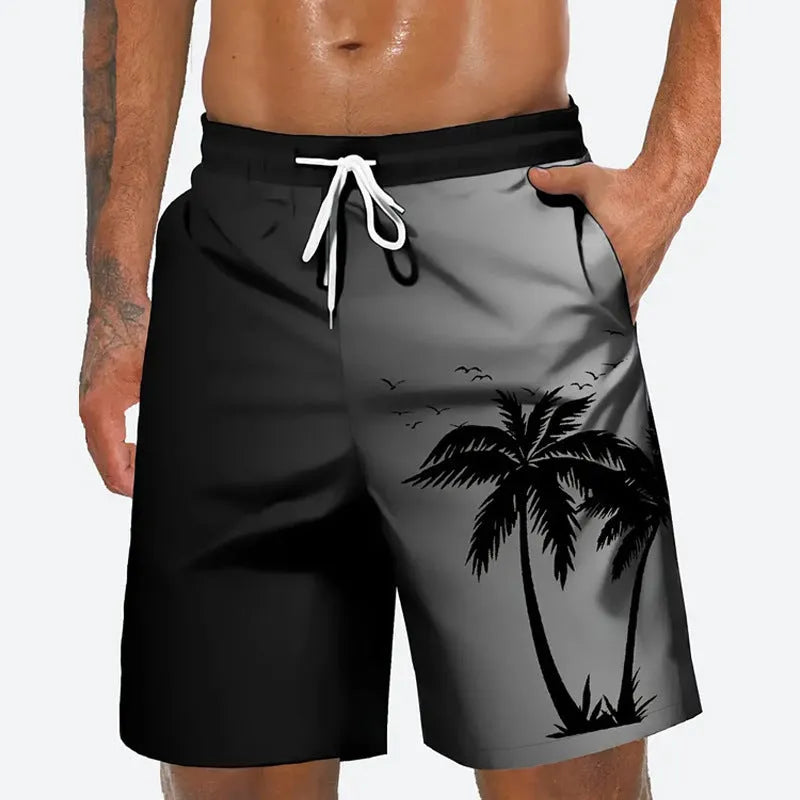 Man wearing loose light blue polyester beach pants on sand, showing plus size fit.